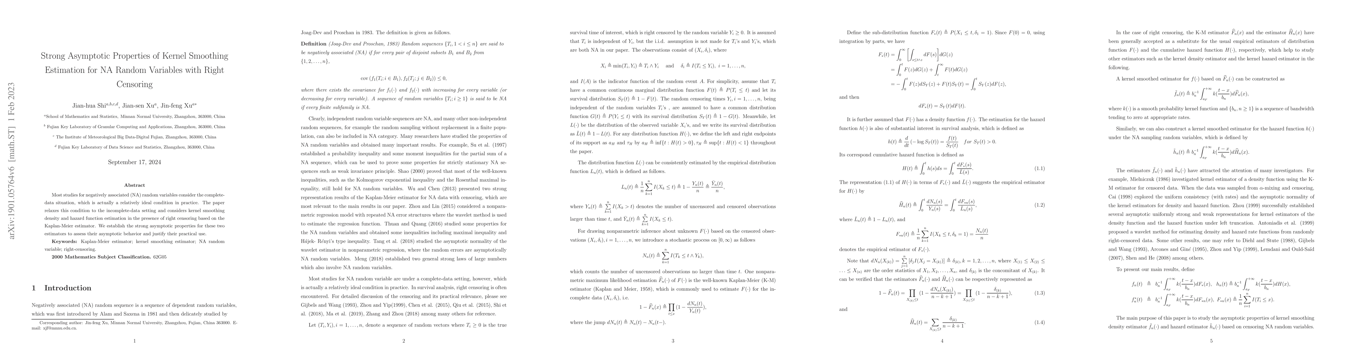 Thumbnail for Strong Asymptotic Properties of Kernel Smoothing Estimation for NA
  Random Variables with Right Censoring