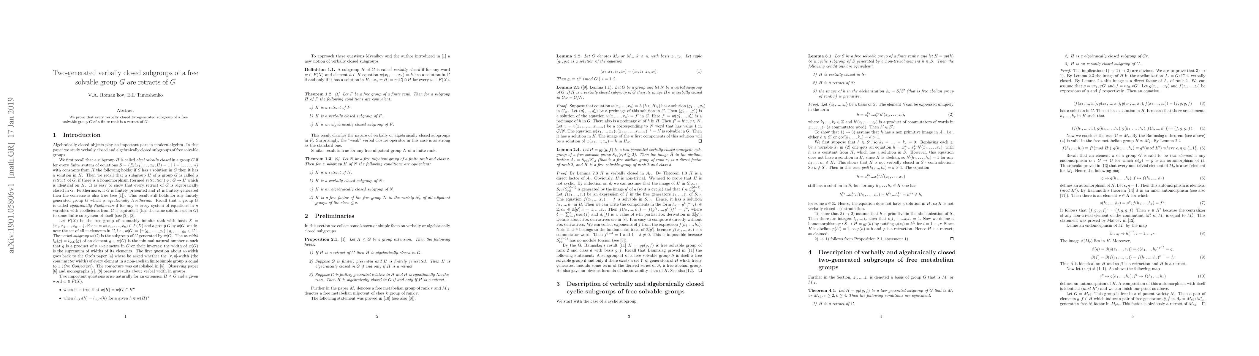 Thumbnail for Two-generated verbally closed subgroups of a free solvable group G are
  retracts of G