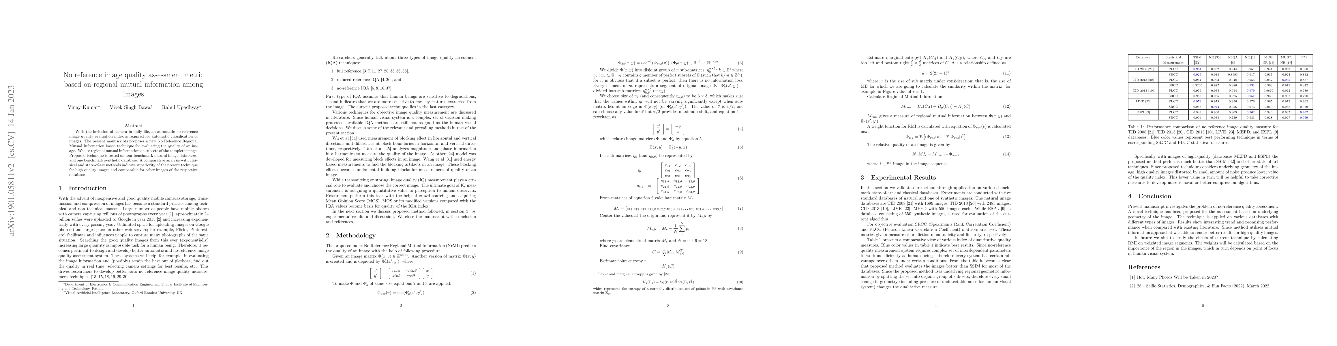 Thumbnail for No reference image quality assessment metric based on regional mutual
  information among images
