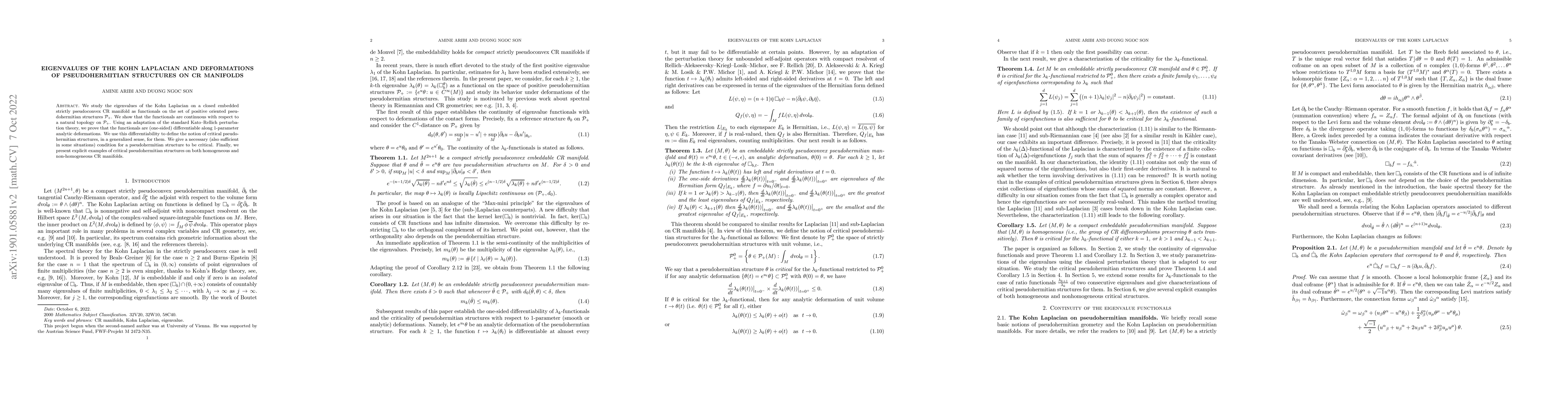 Thumbnail for Eigenvalues of the Kohn Laplacian and deformations of pseudohermitian
  structures on CR manifolds