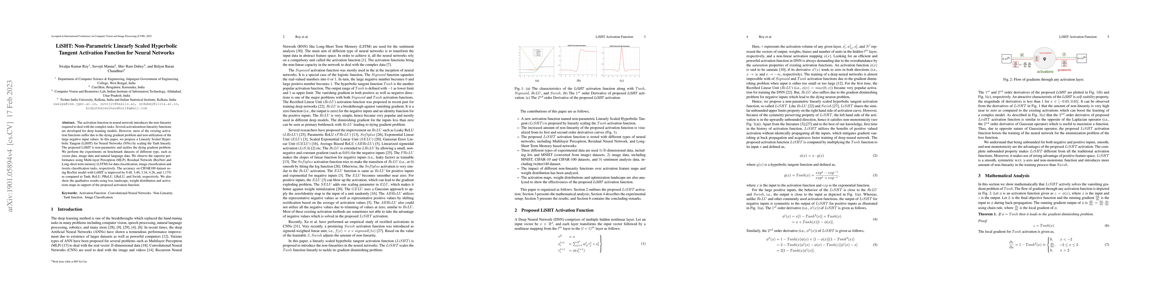 Thumbnail for LiSHT: Non-Parametric Linearly Scaled Hyperbolic Tangent Activation
  Function for Neural Networks