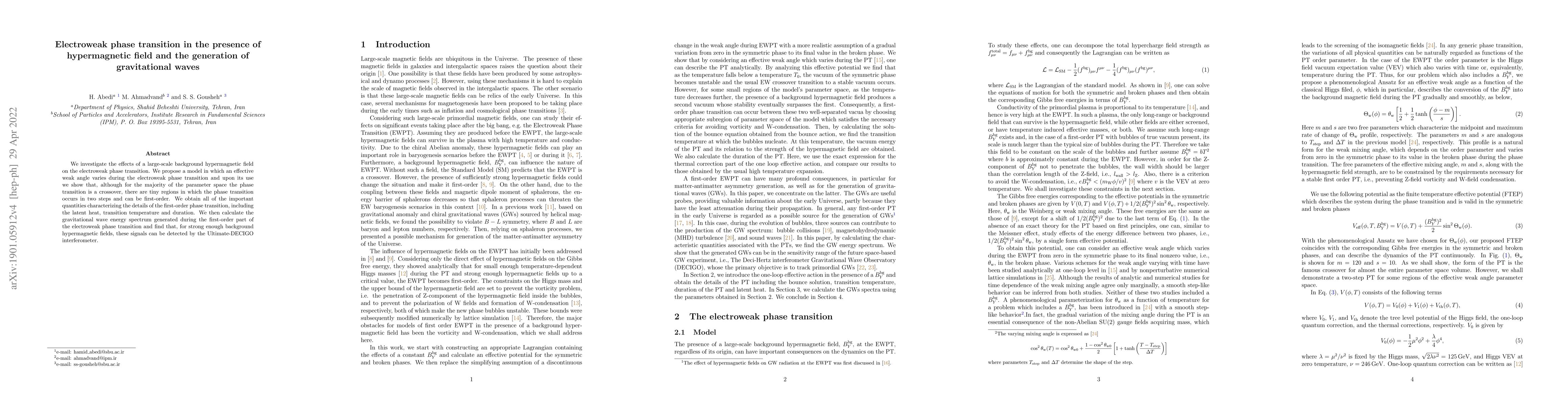 Thumbnail for Electroweak phase transition in the presence of hypermagnetic field and
  the generation of gravitational waves