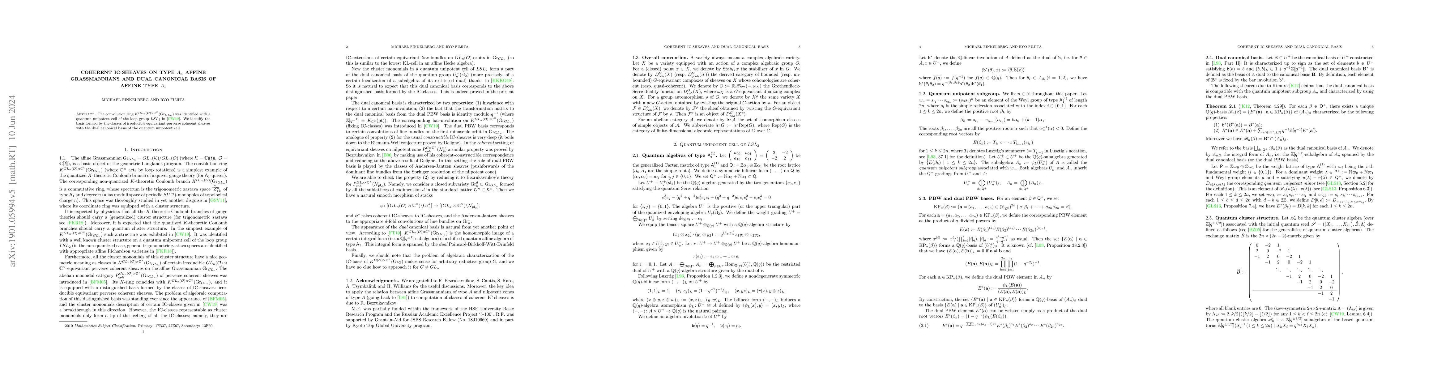 Thumbnail for Coherent IC-sheaves on type $A_{n}$ affine Grassmannians and dual
  canonical basis of affine type $A_{1}$