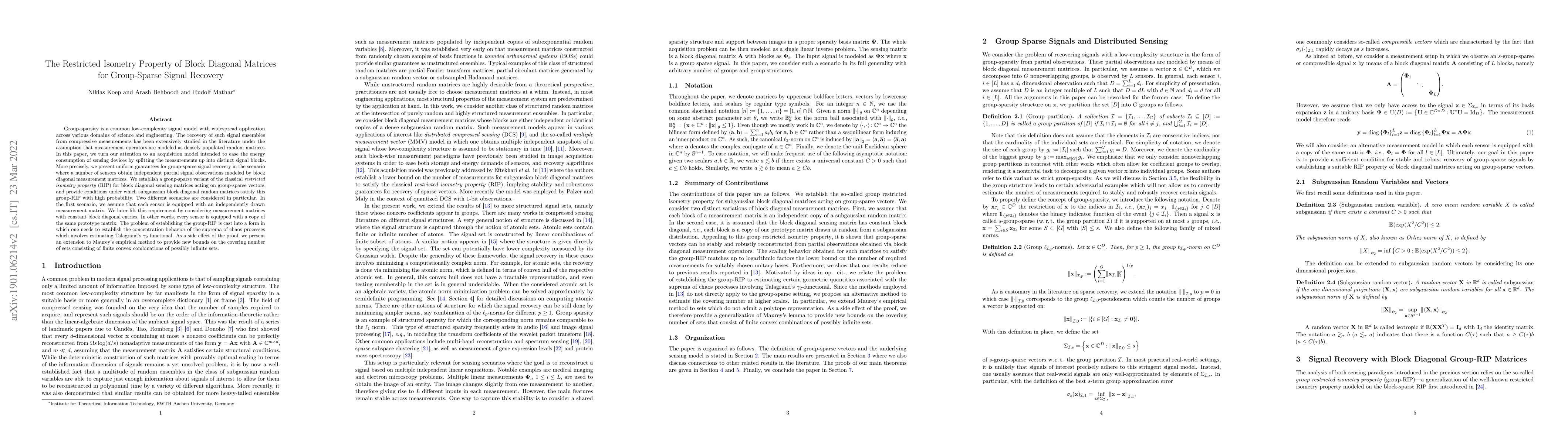 Thumbnail for The Restricted Isometry Property of Block Diagonal Matrices for
  Group-Sparse Signal Recovery