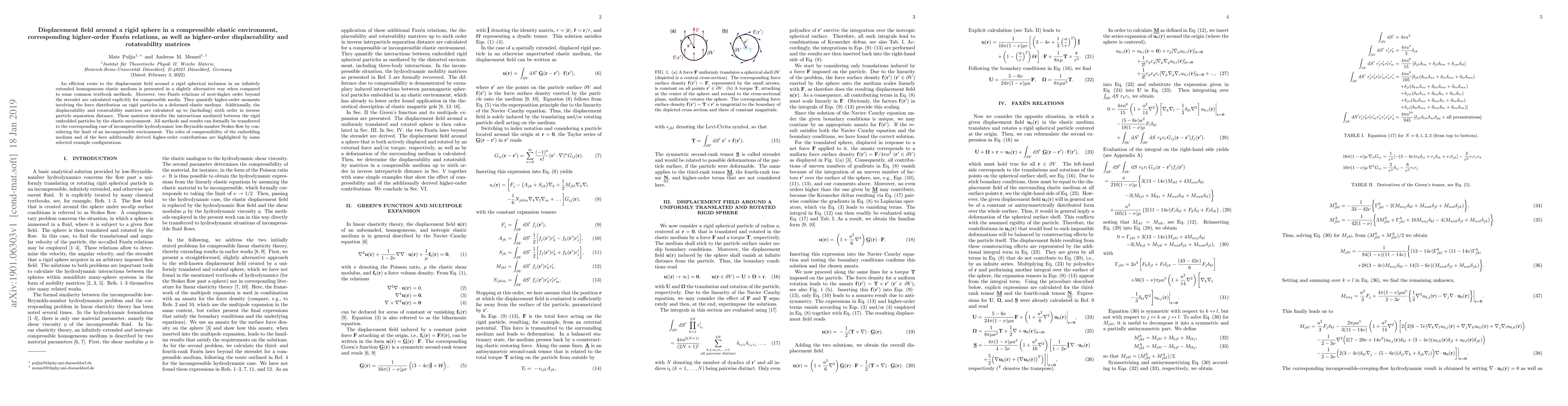 Thumbnail for Displacement field around a rigid sphere in a compressible elastic
  environment, corresponding higher-order Fax\'en relations, as well as
  higher-order displaceability and rotateability matrices