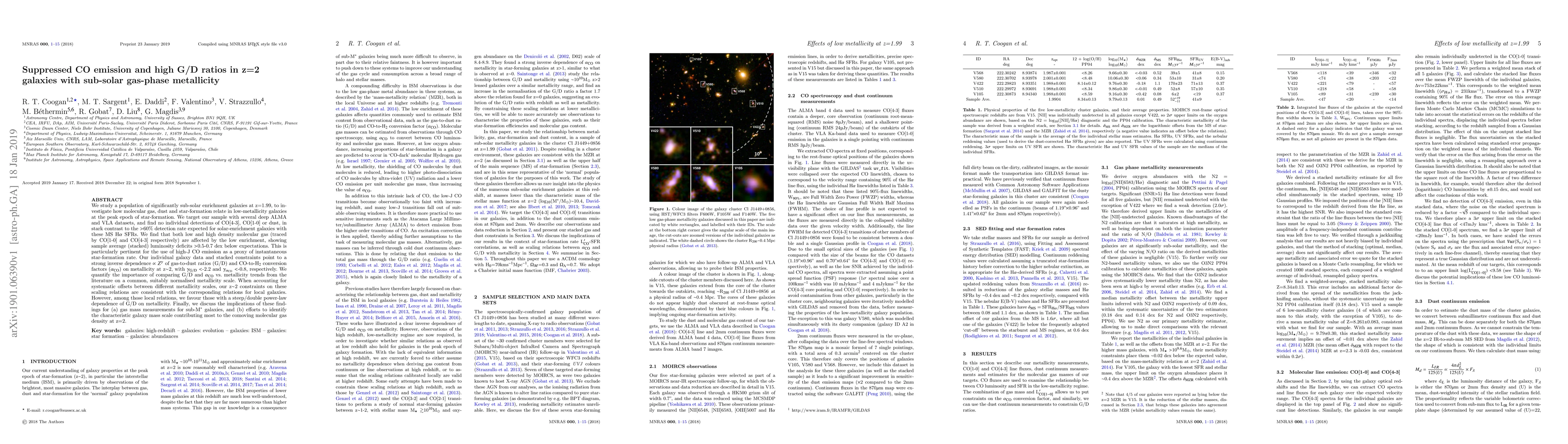 Thumbnail for Suppressed CO emission and high G/D ratios in z=2 galaxies with
  sub-solar gas-phase metallicity