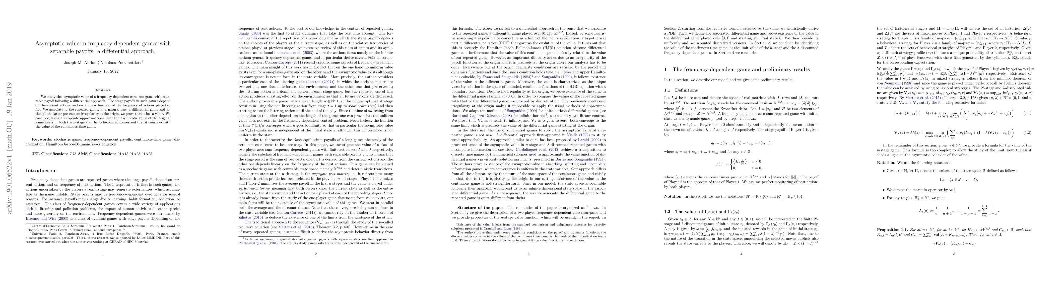 Thumbnail for Asymptotic value in frequency-dependent games with separable payoffs: a
  differential approach