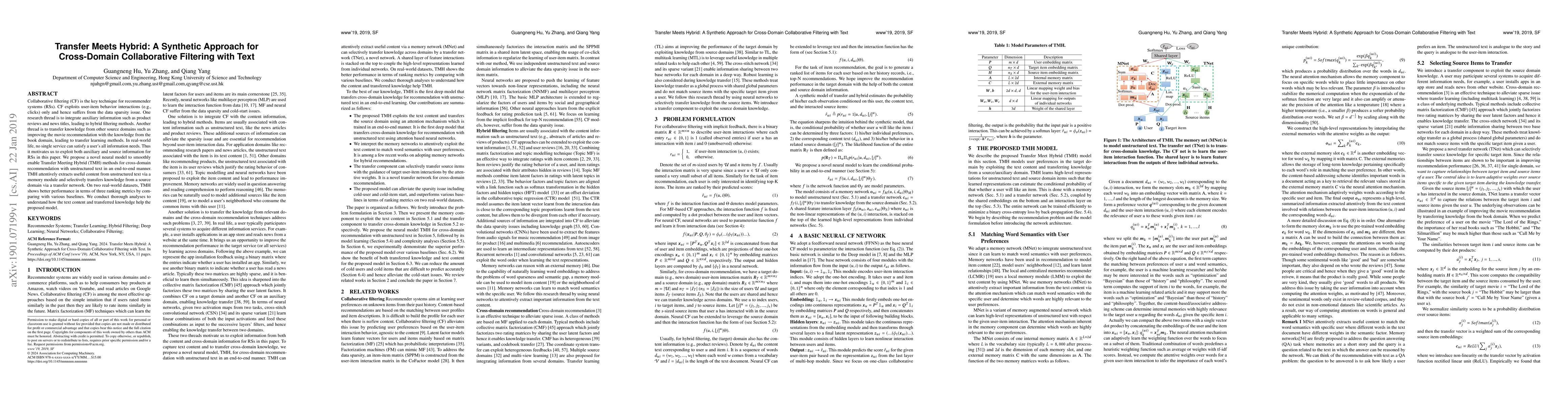 Thumbnail for Transfer Meets Hybrid: A Synthetic Approach for Cross-Domain
  Collaborative Filtering with Text