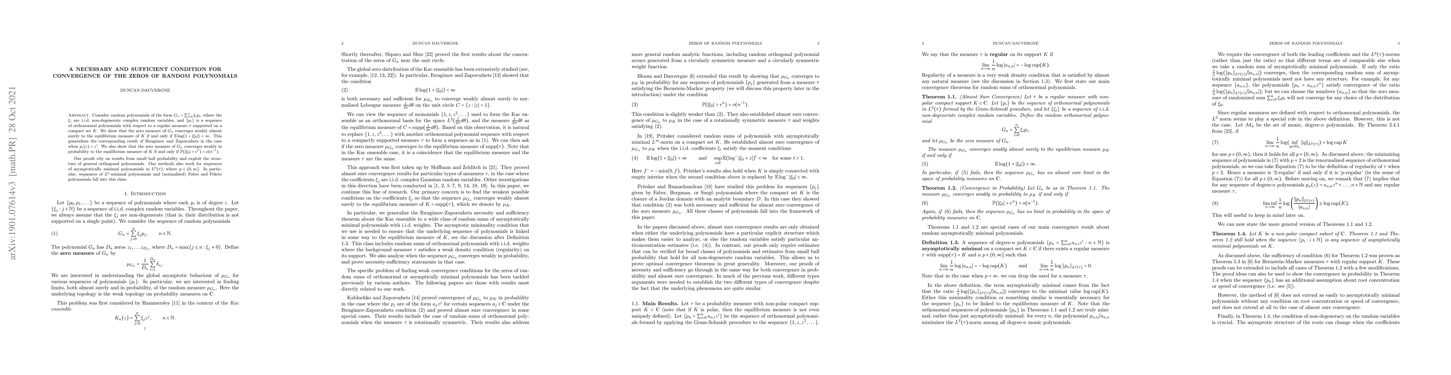 Thumbnail for A necessary and sufficient condition for convergence of the zeros of
  random polynomials