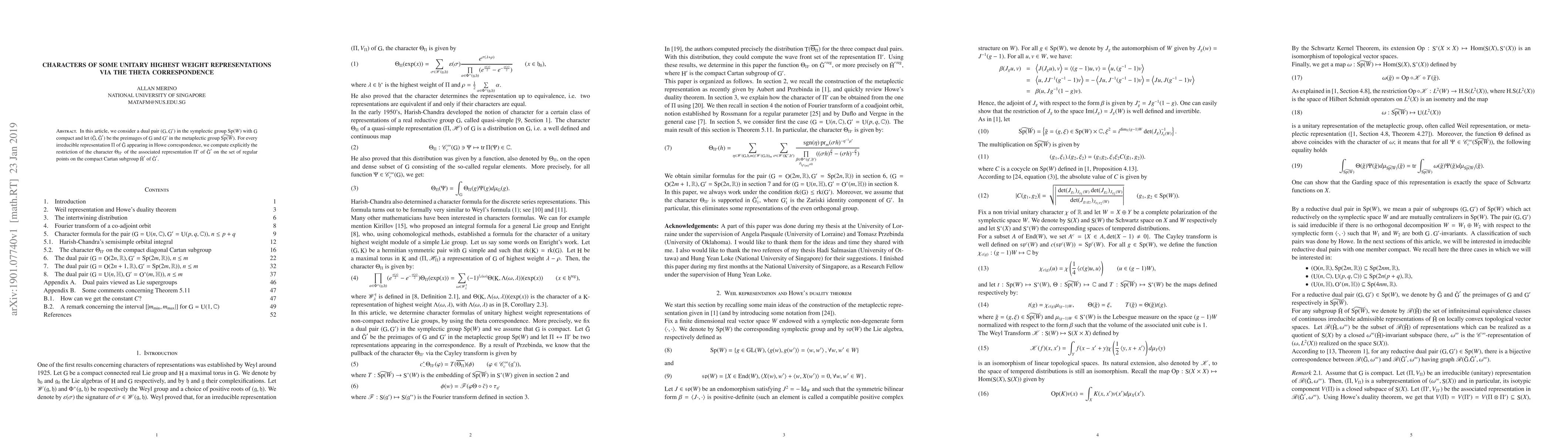 Thumbnail for Characters of some unitary highest weight representations via the theta
  correspondence
