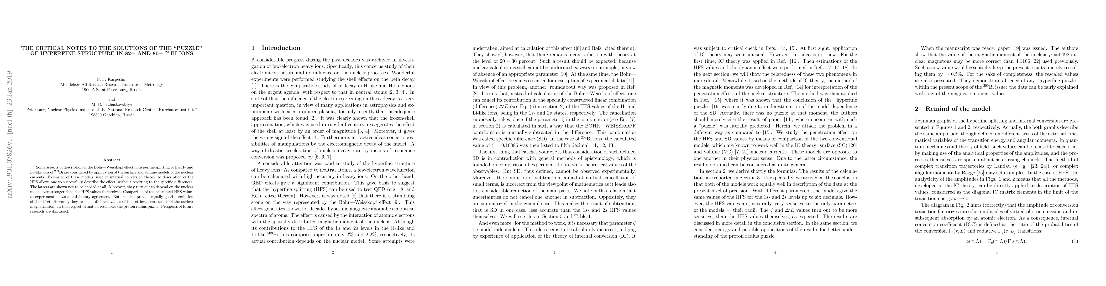Thumbnail for The critical notes to the solutions of the "puzzle" of hyperfine
  structure in 82+ and 80+ $^{209}$Bi ions
