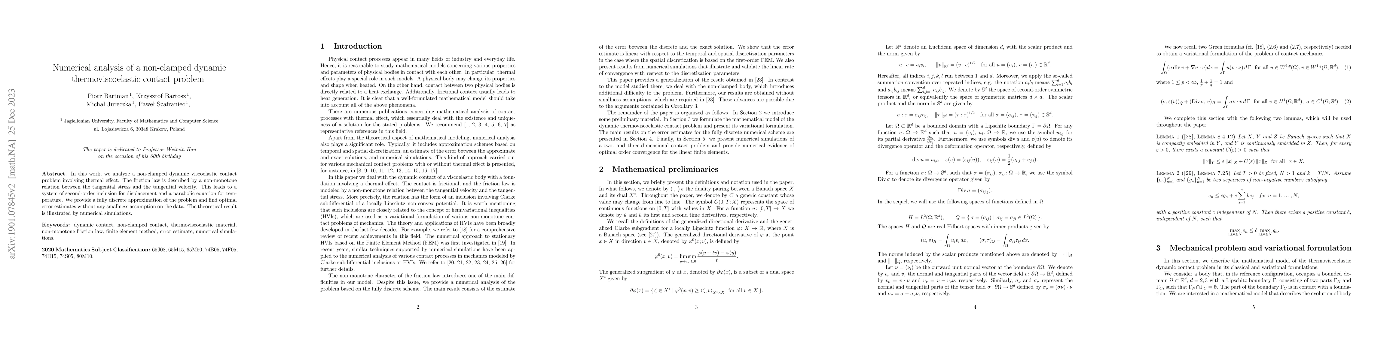 Thumbnail for Numerical analysis of a non-clamped dynamic thermoviscoelastic contact
  problem