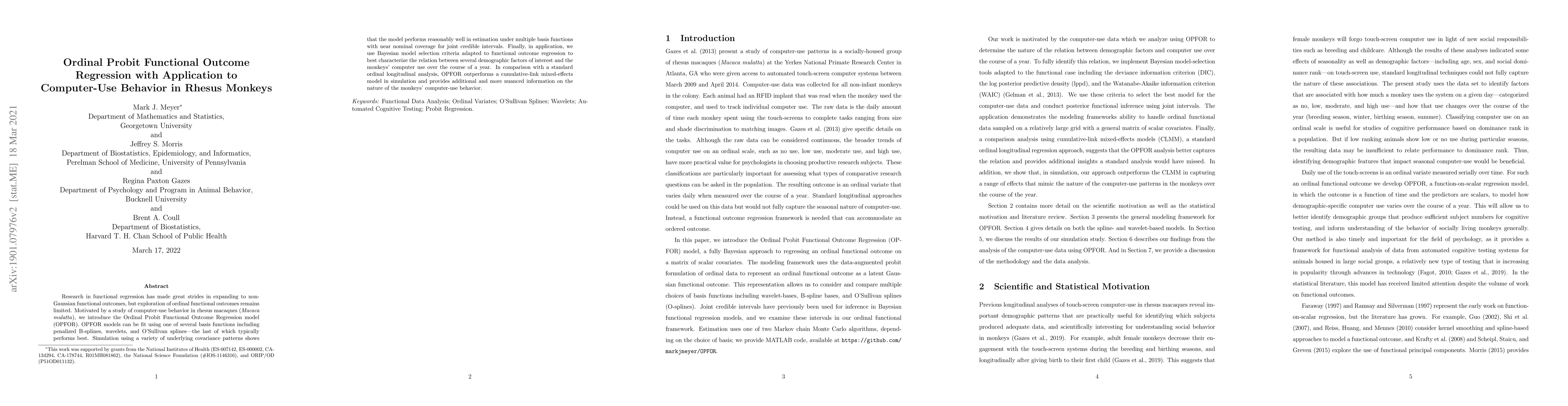 Thumbnail for Ordinal Probit Functional Outcome Regression with Application to
  Computer-Use Behavior in Rhesus Monkeys