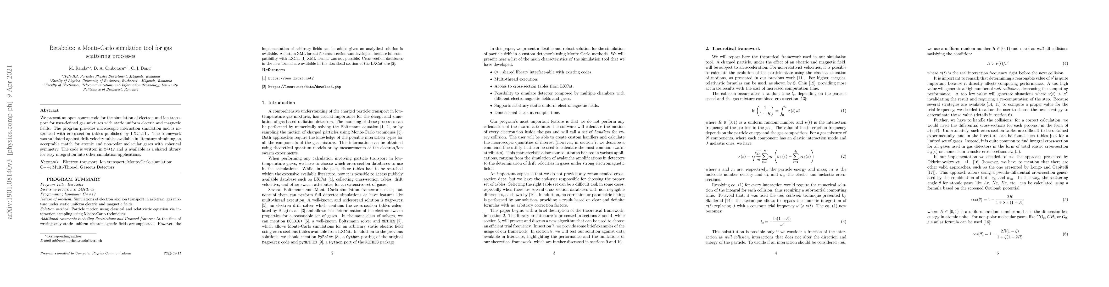 Thumbnail for Betaboltz: a Monte-Carlo simulation tool for gas scattering processes