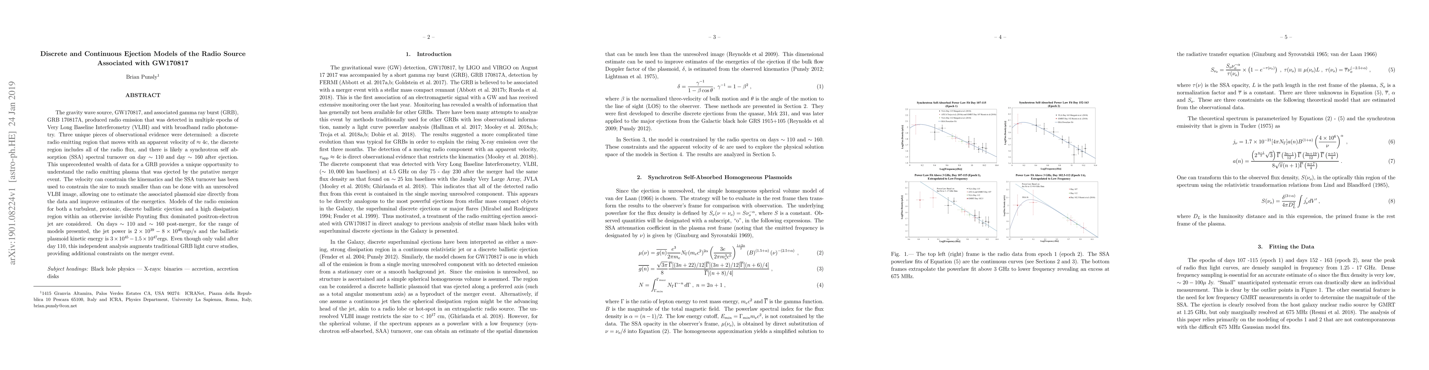 Thumbnail for Discrete and Continuous Ejection Models of the Radio Source Associated
  with GW170817