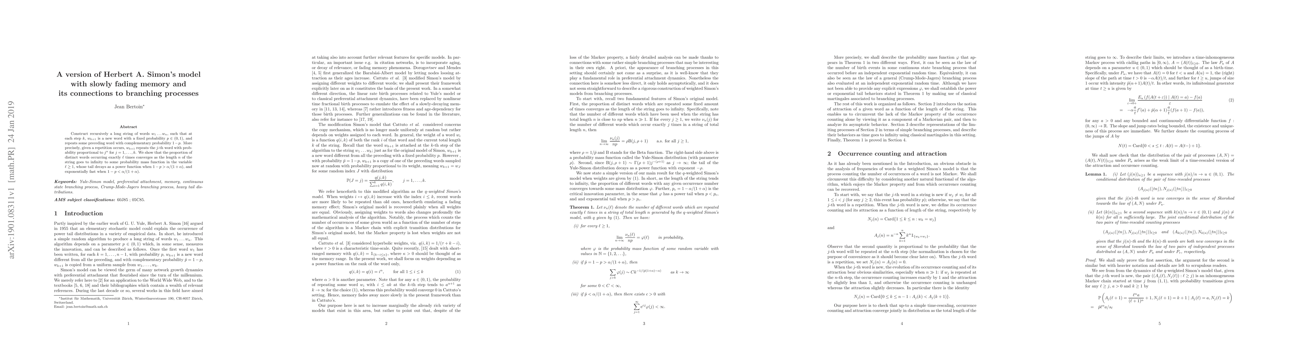 Thumbnail for A version of Herbert A. Simon's model with slowly fading memory and its
  connections to branching processes