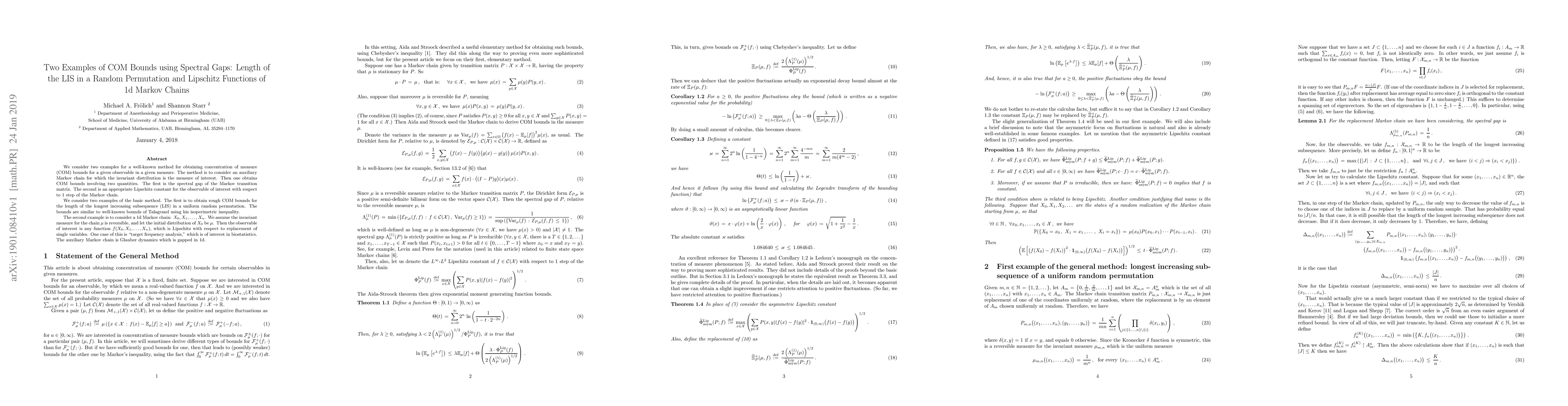 Thumbnail for Two Examples of COM Bounds using Spectral Gaps: Length of the LIS in a
  Random Permutation and Lipschitz Functions of 1d Markov Chains