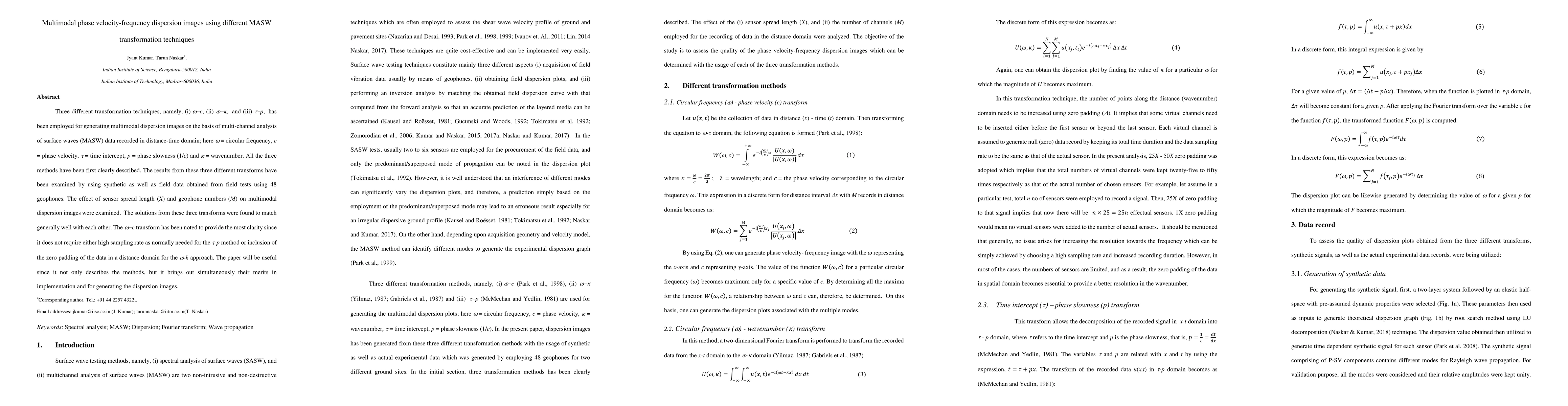 Thumbnail for Multimodal phase velocity-frequency dispersion images using different
  MASW transformation techniques