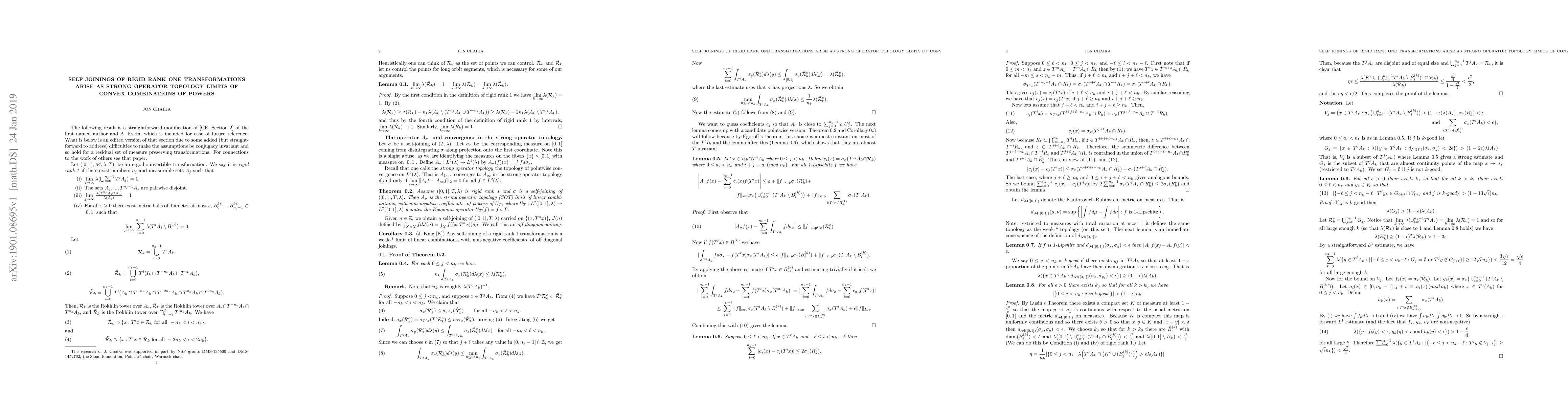 Thumbnail for Self joinings of rigid rank one transformations arise as strong operator
  topology limits of convex combinations of powers