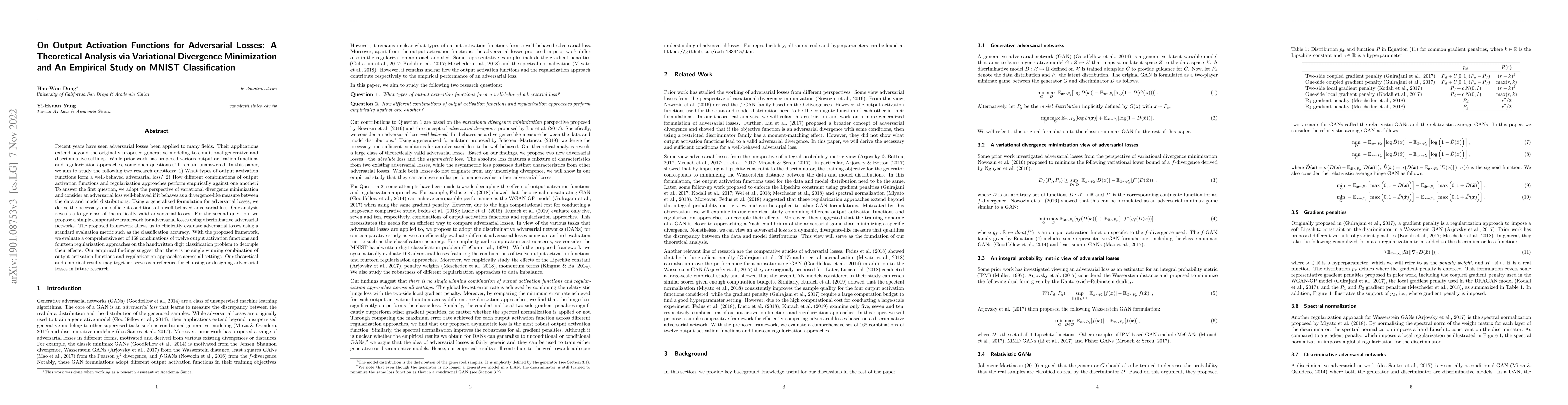 Thumbnail for On Output Activation Functions for Adversarial Losses: A Theoretical
  Analysis via Variational Divergence Minimization and An Empirical Study on
  MNIST Classification