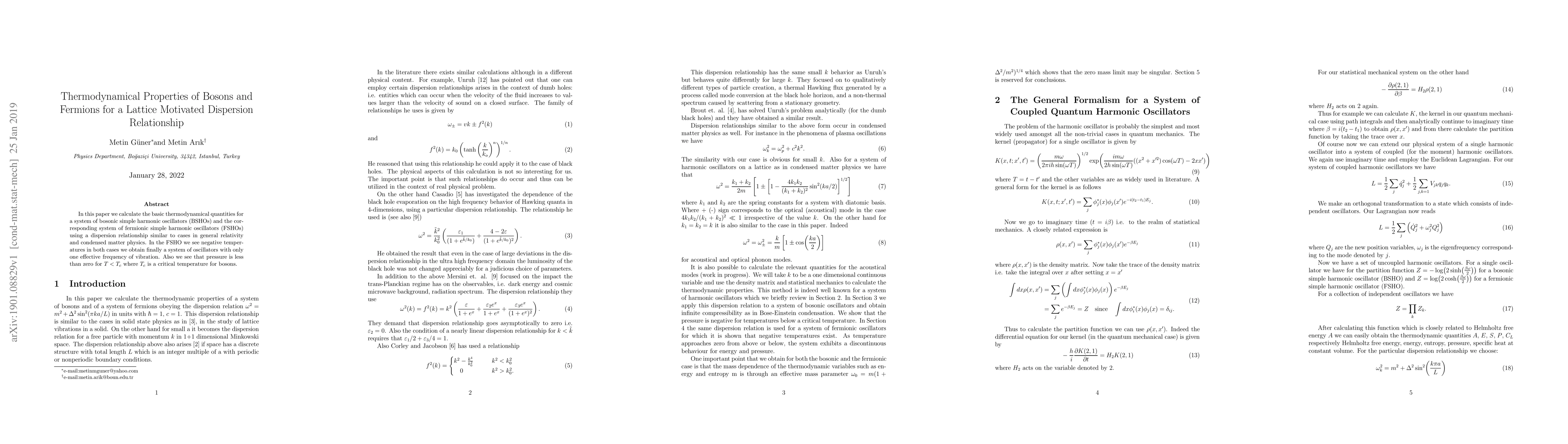 Thumbnail for Thermodynamical Properties of Bosons and Fermions for a Lattice
  Motivated Dispersion Relationship
