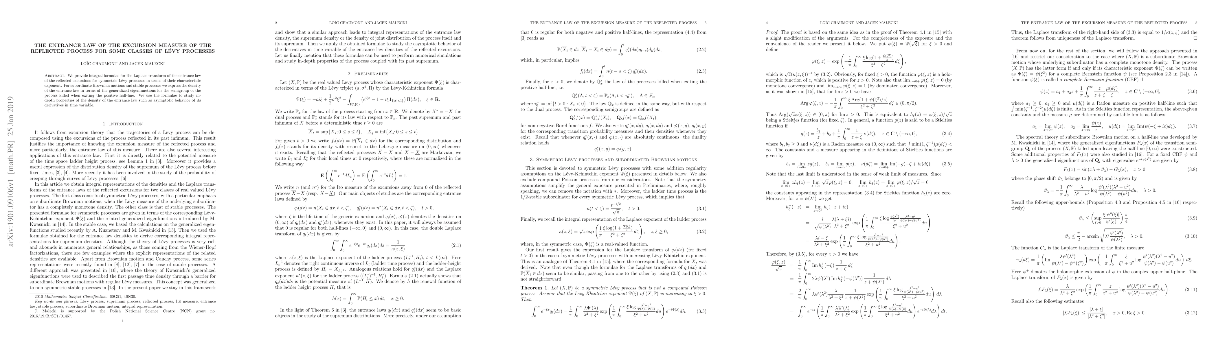 Thumbnail for The entrance law of the excursion measure of the reflected process for
  some classes of L\'evy processes