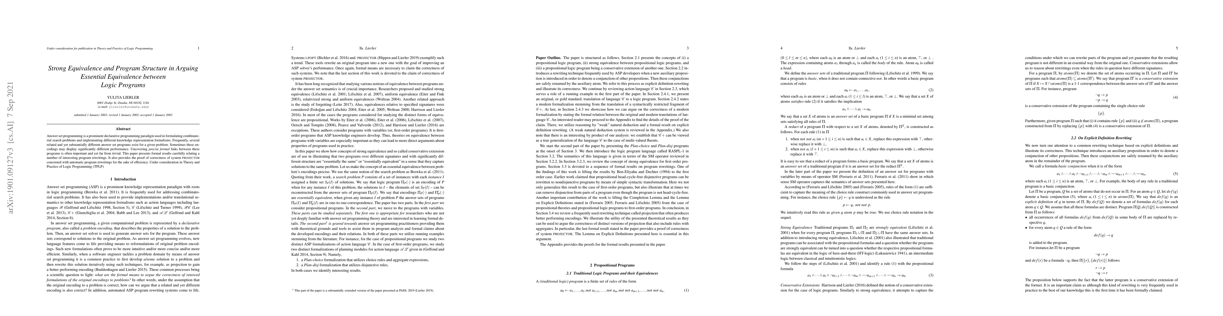 Thumbnail for Strong Equivalence and Program Structure in Arguing Essential
  Equivalence between Logic Programs