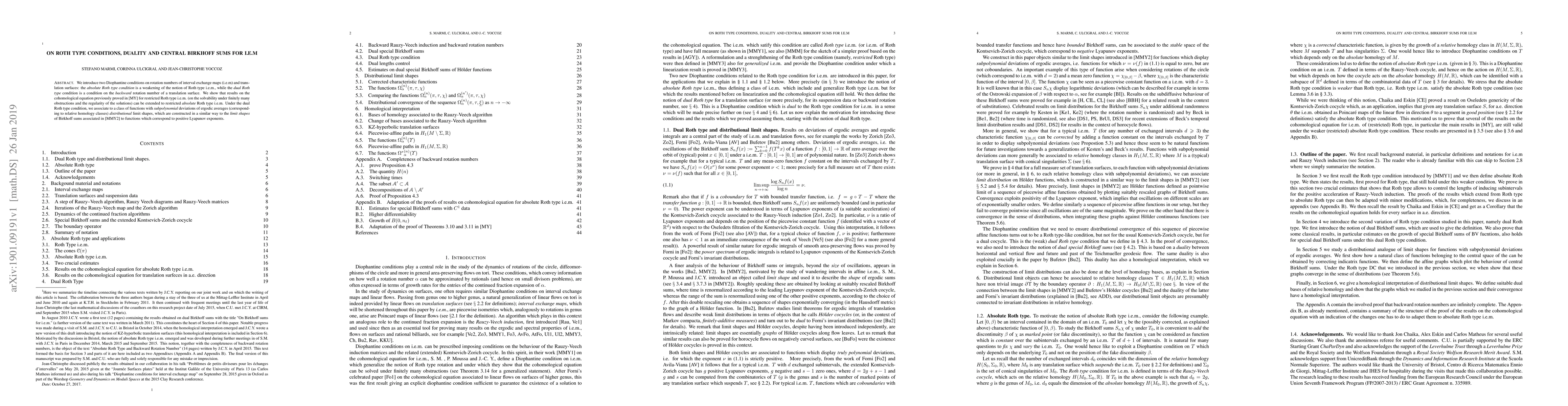 Thumbnail for On Roth type conditions, duality and central Birkhoff sums for i.e.m