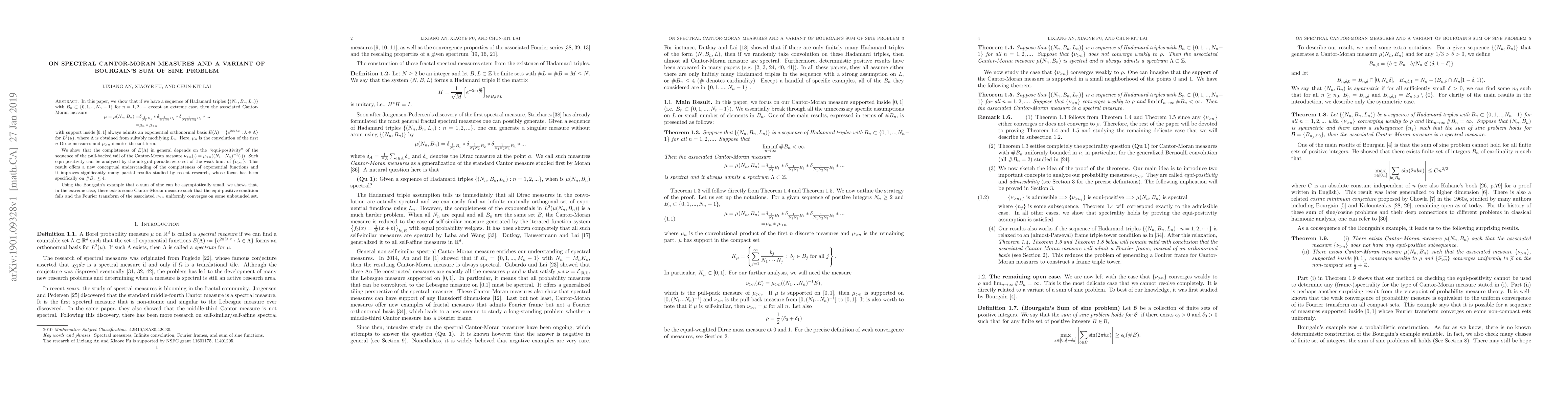 Thumbnail for On Spectral Cantor-Moran measures and a variant of Bourgain's sum of
  sine problem