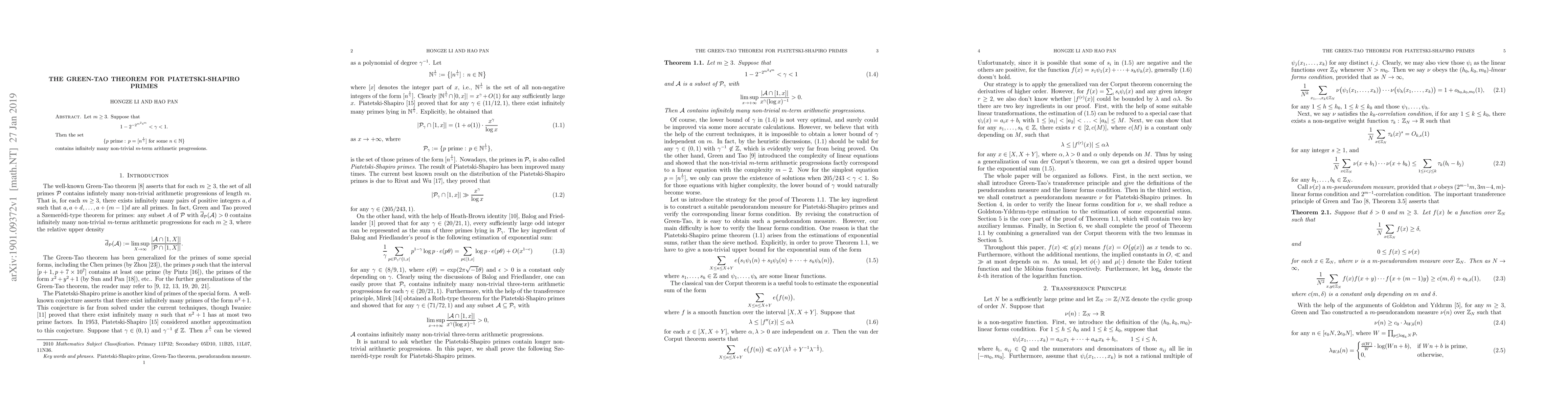 Thumbnail for The Green-Tao theorem for Piatetski-Shapiro primes