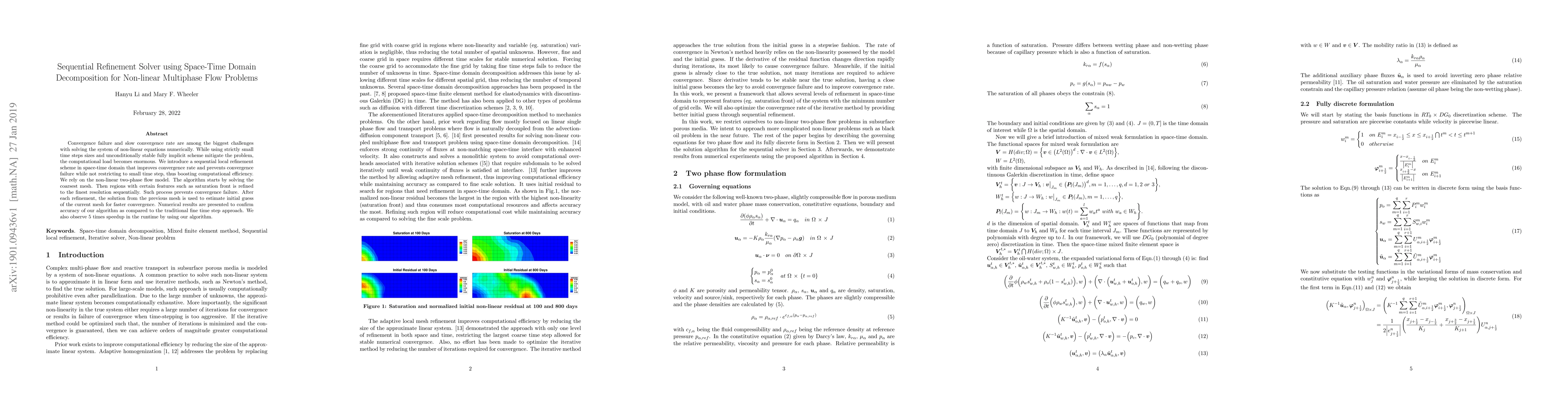 Thumbnail for Sequential Refinement Solver using Space-Time Domain Decomposition for
  Non-linear Multiphase Flow Problems