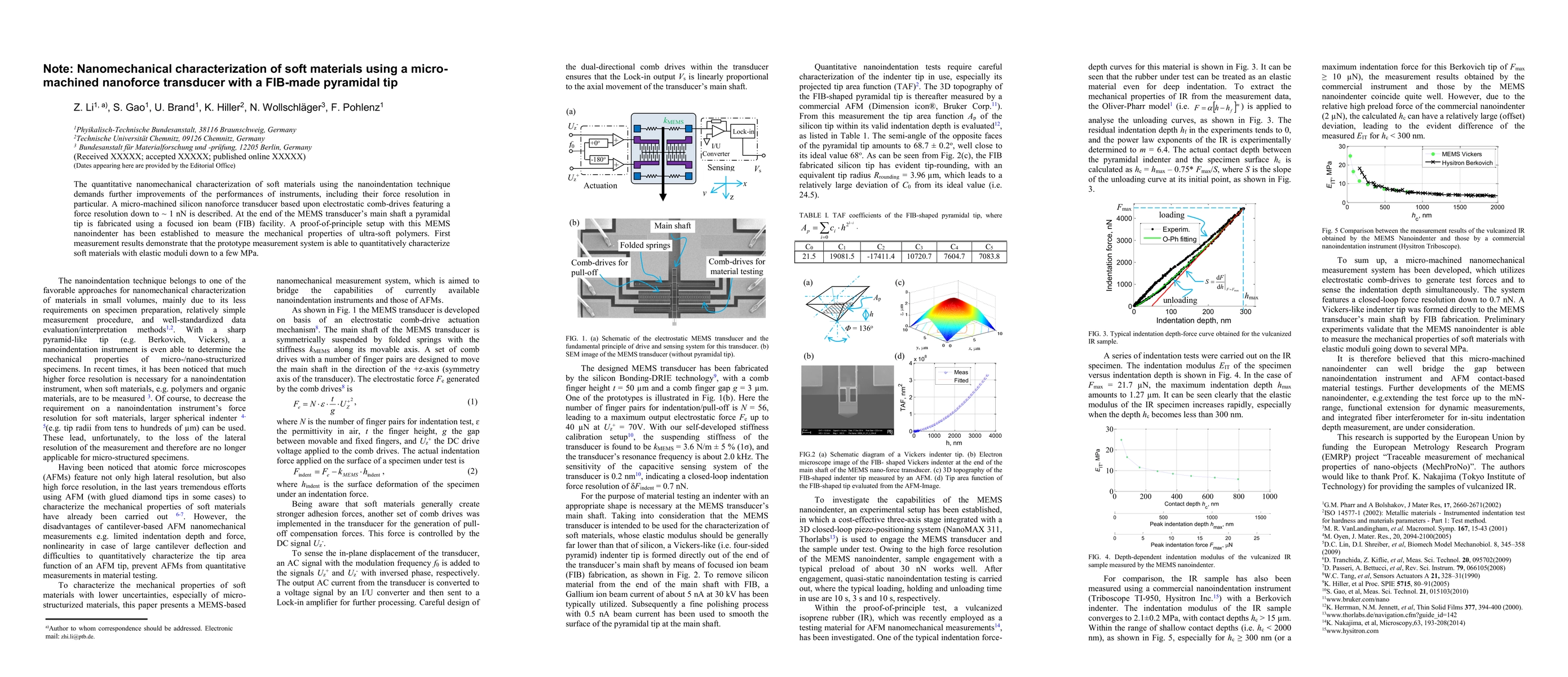 Thumbnail for Note: Nanomechanical characterization of soft materials using a
  micro-machined nanoforce transducer with an FIB-made pyramidal tip