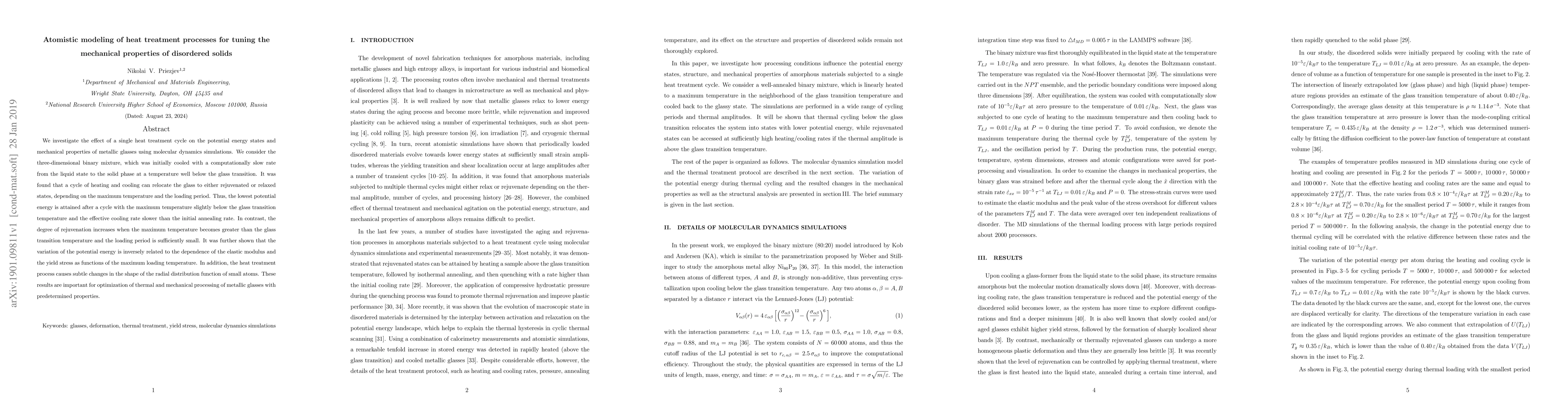 Thumbnail for Atomistic modeling of heat treatment processes for tuning the mechanical
  properties of disordered solids