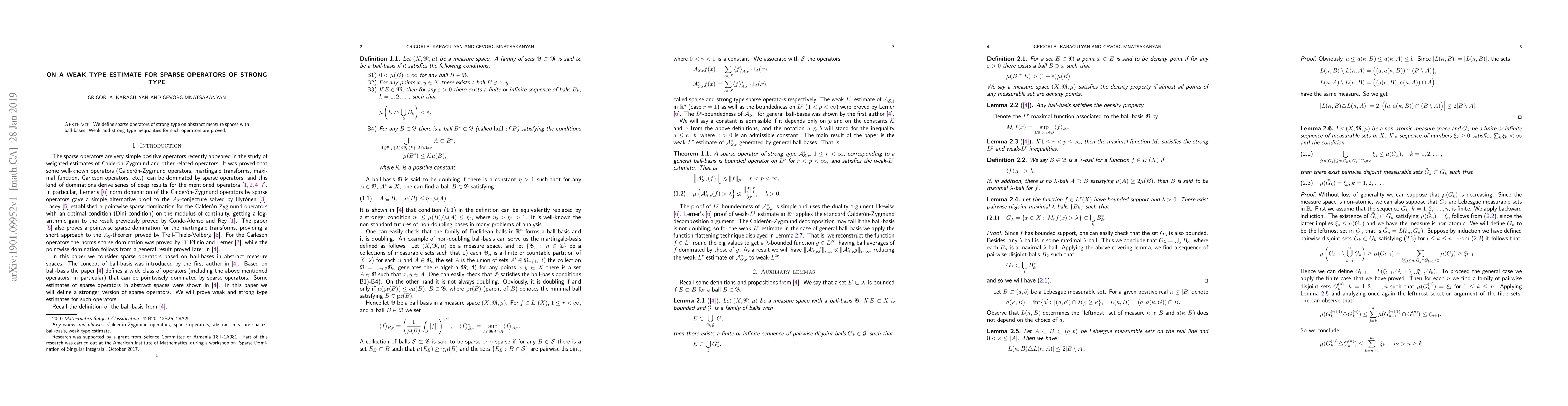 Thumbnail for On a weak type estimate for sparse operators of strong type