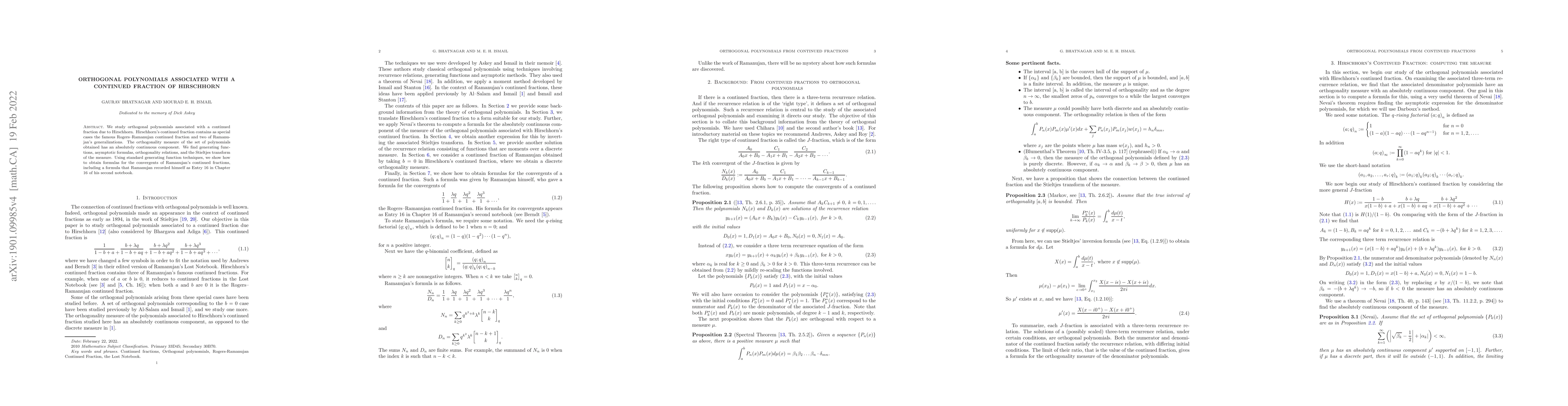 Thumbnail for Orthogonal polynomials associated with a continued fraction of
  Hirschhorn