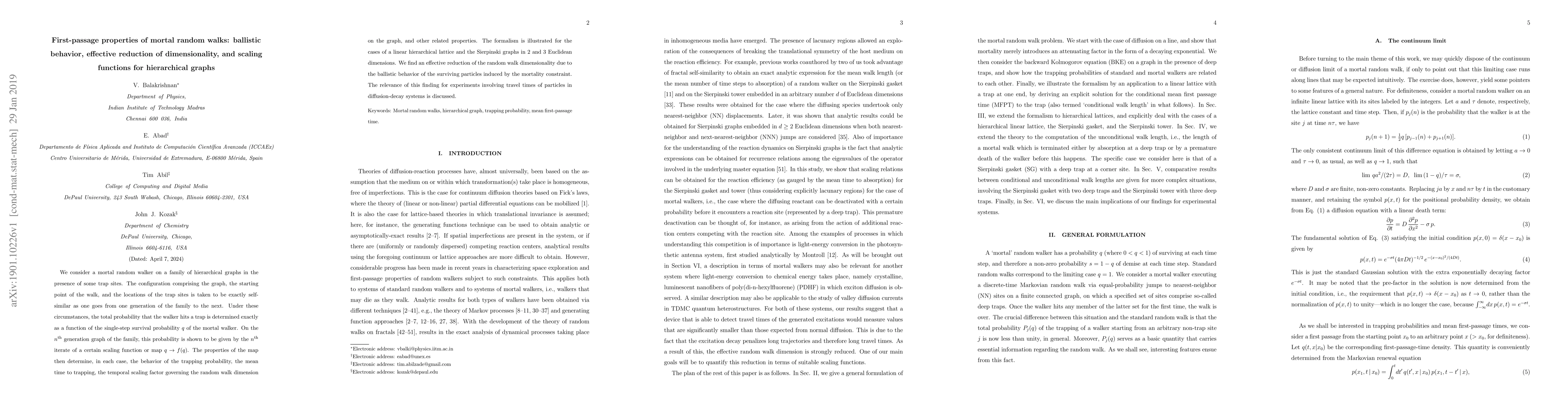 Thumbnail for First-passage properties of mortal random walks: ballistic behavior,
  effective reduction of dimensionality, and scaling functions for hierarchical
  graphs