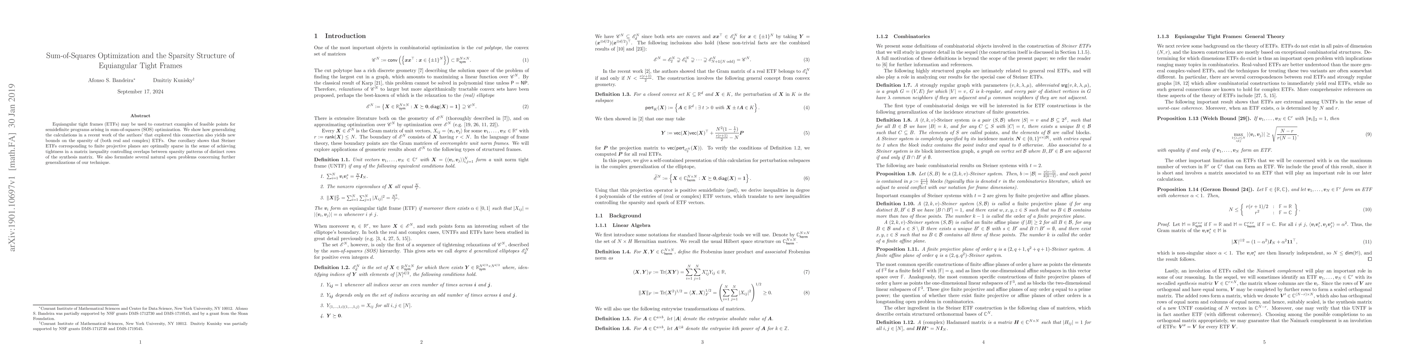Thumbnail for Sum-of-Squares Optimization and the Sparsity Structure of Equiangular
  Tight Frames