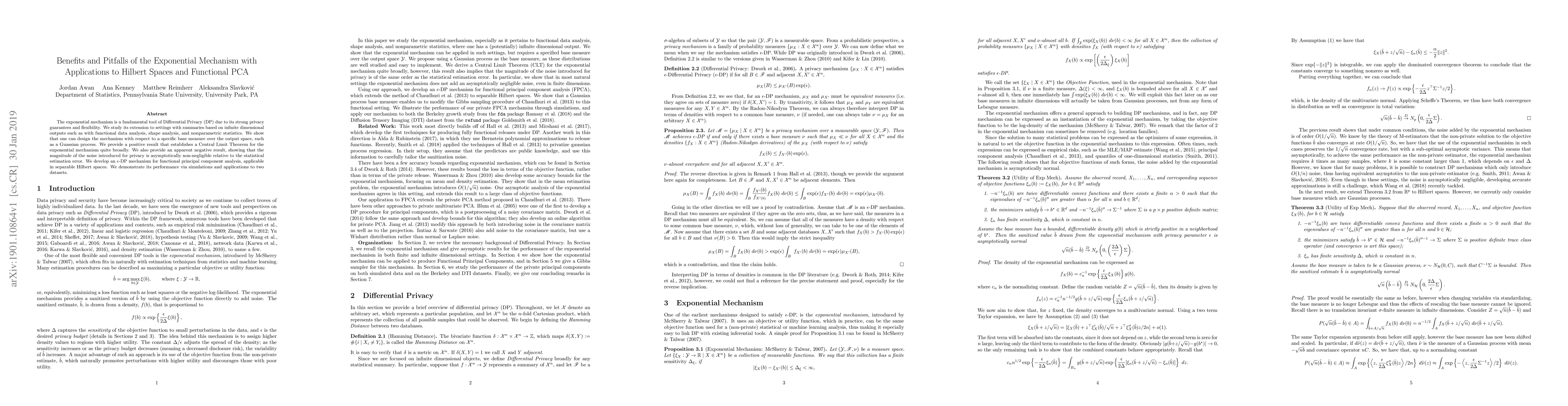 Thumbnail for Benefits and Pitfalls of the Exponential Mechanism with Applications to
  Hilbert Spaces and Functional PCA