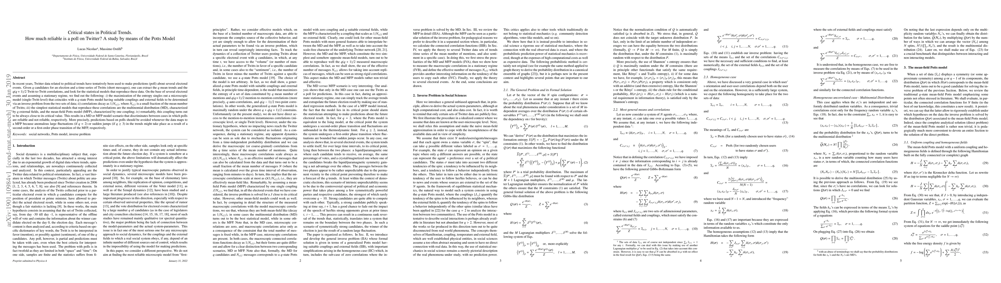 Thumbnail for Critical states in Political Trends. How much reliable is a poll on
  Twitter? A study by means of the Potts Model