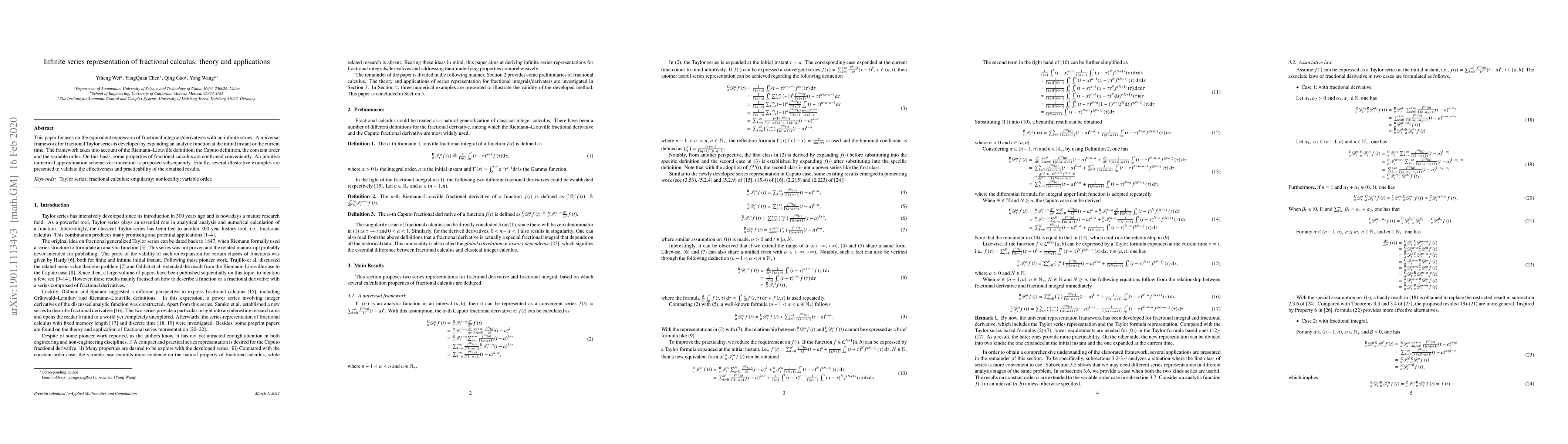 Thumbnail for Infinite series representation of fractional calculus: theory and
  applications
