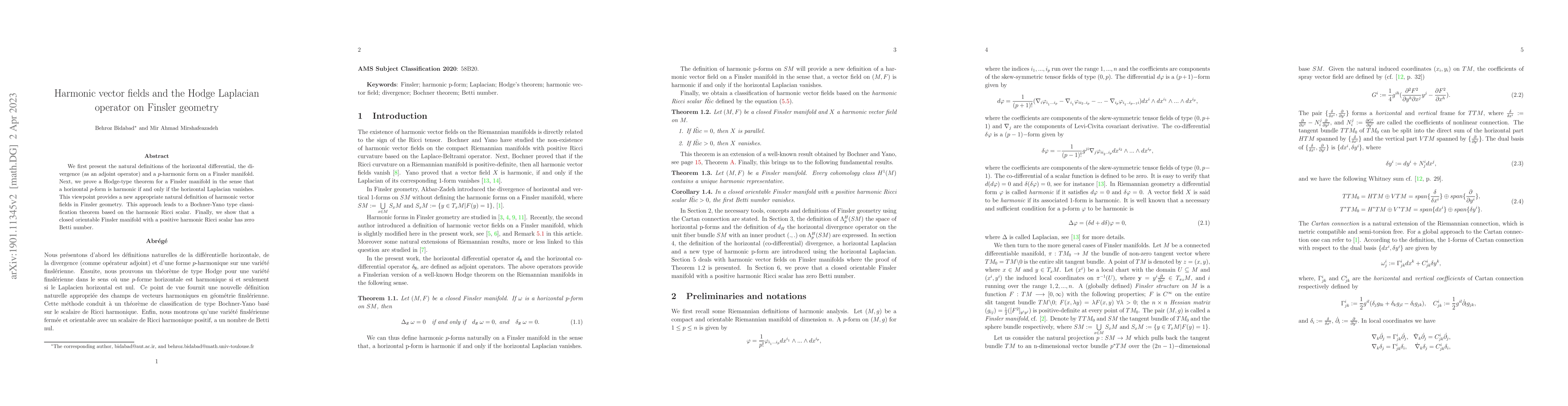 Thumbnail for Harmonic vector fields and the Hodge Laplacian operator on Finsler
  geometry