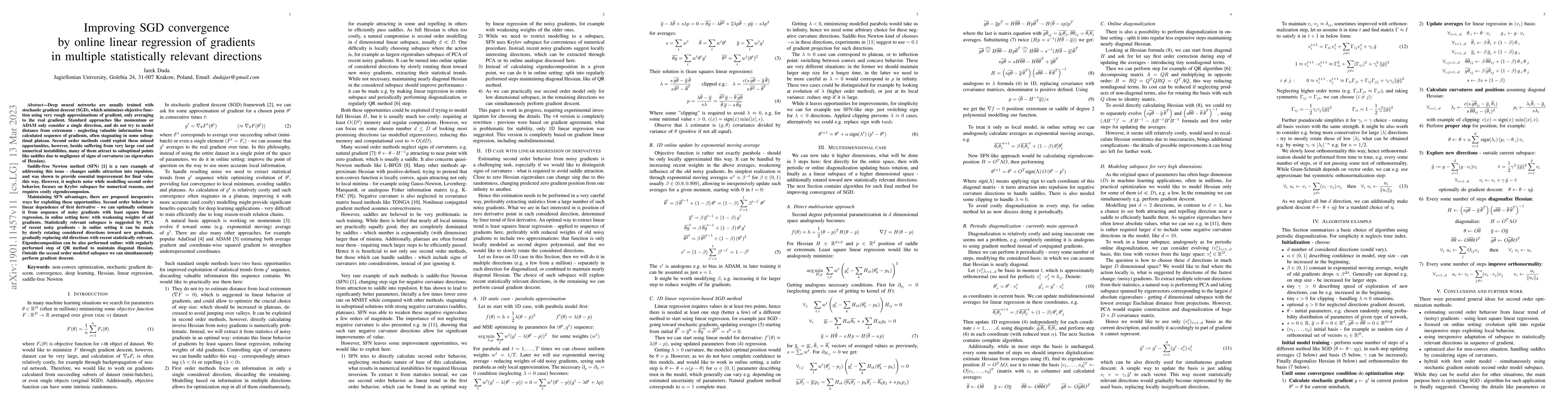 Thumbnail for Improving SGD convergence by online linear regression of gradients in
  multiple statistically relevant directions