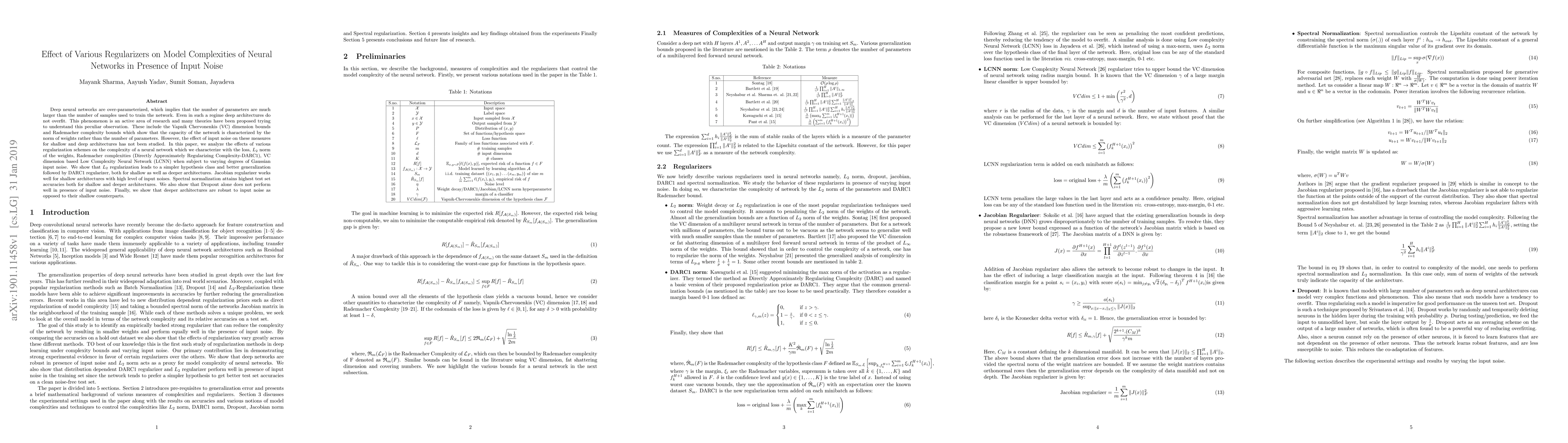 Thumbnail for Effect of Various Regularizers on Model Complexities of Neural Networks
  in Presence of Input Noise