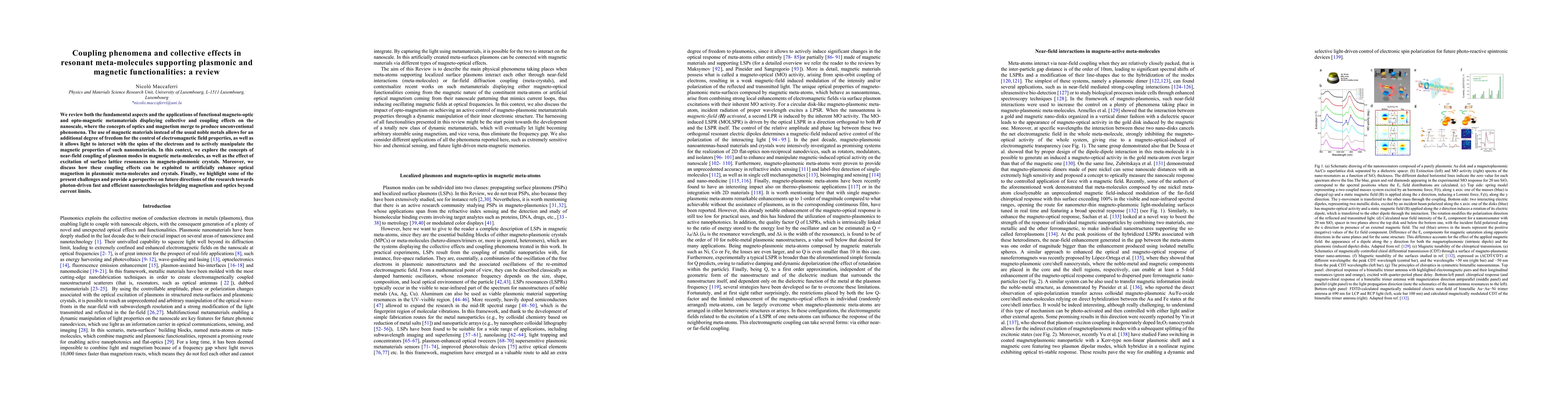 Thumbnail for Coupling phenomena and collective effects in resonant meta-molecules
  supporting plasmonic and magnetic functionalities: a review