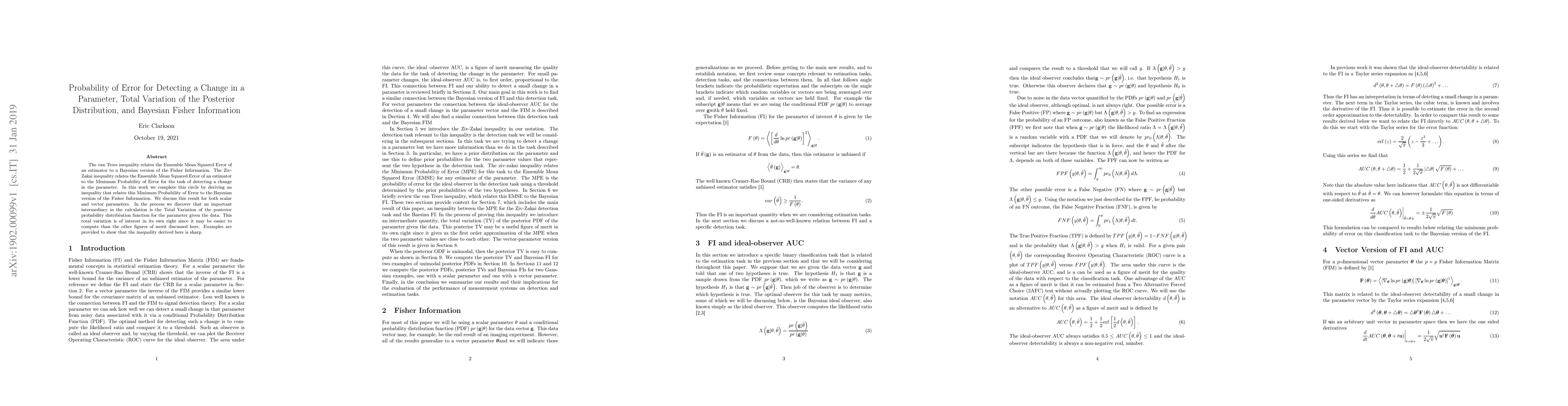 Thumbnail for Probability of Error for Detecting a Change in a Parameter, Total
  Variation of the Posterior Distribution, and Bayesian Fisher Information