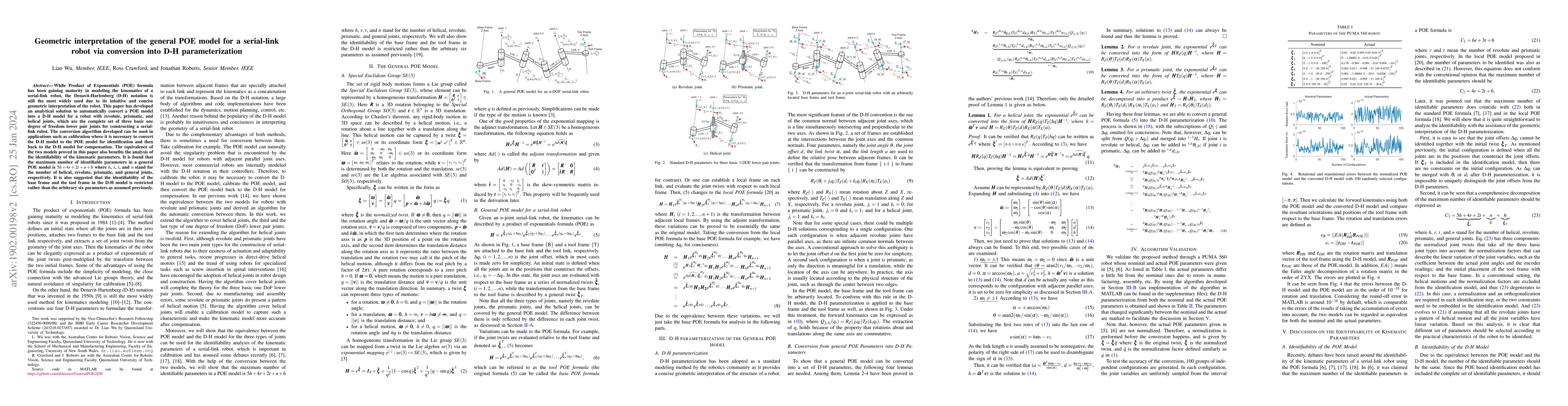 Thumbnail for Geometric interpretation of the general POE model for a serial-link
  robot via conversion into D-H parameterization