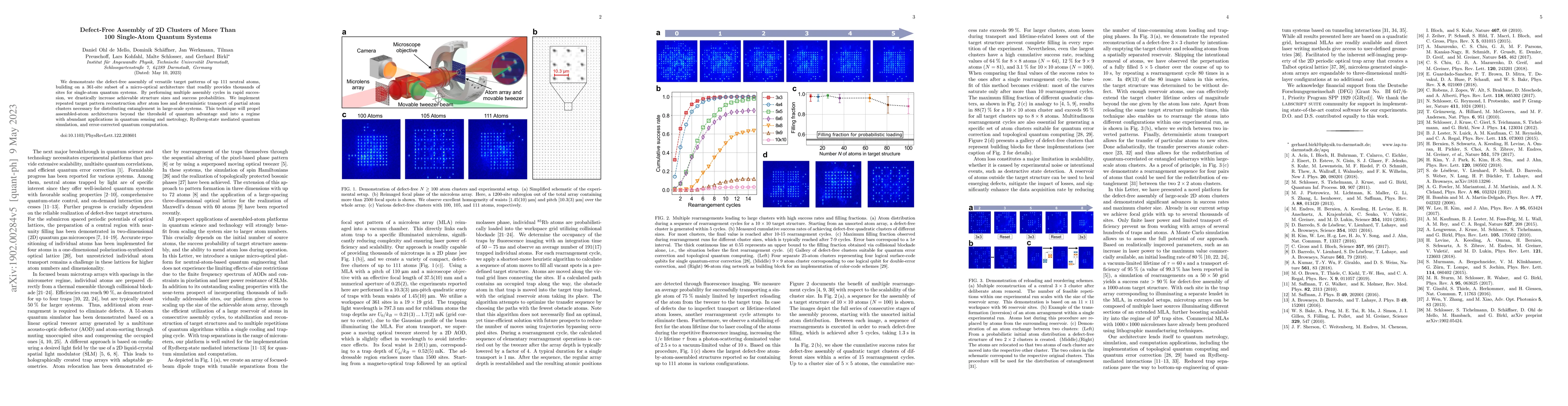Thumbnail for Defect-free assembly of 2D clusters of more than 100 single-atom quantum
  systems