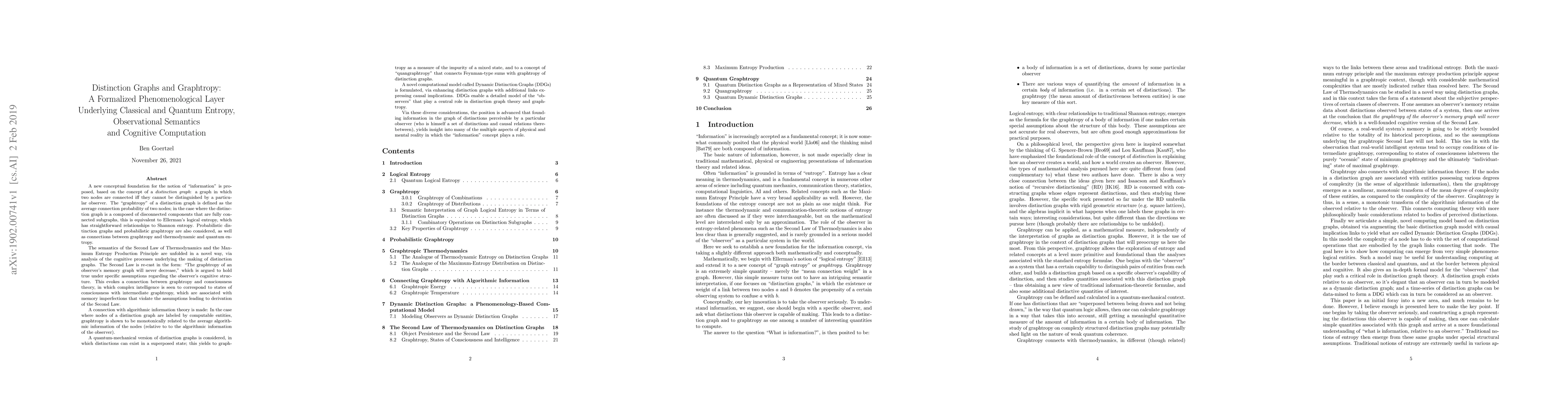 Thumbnail for Distinction Graphs and Graphtropy: A Formalized Phenomenological Layer
  Underlying Classical and Quantum Entropy, Observational Semantics and
  Cognitive Computation