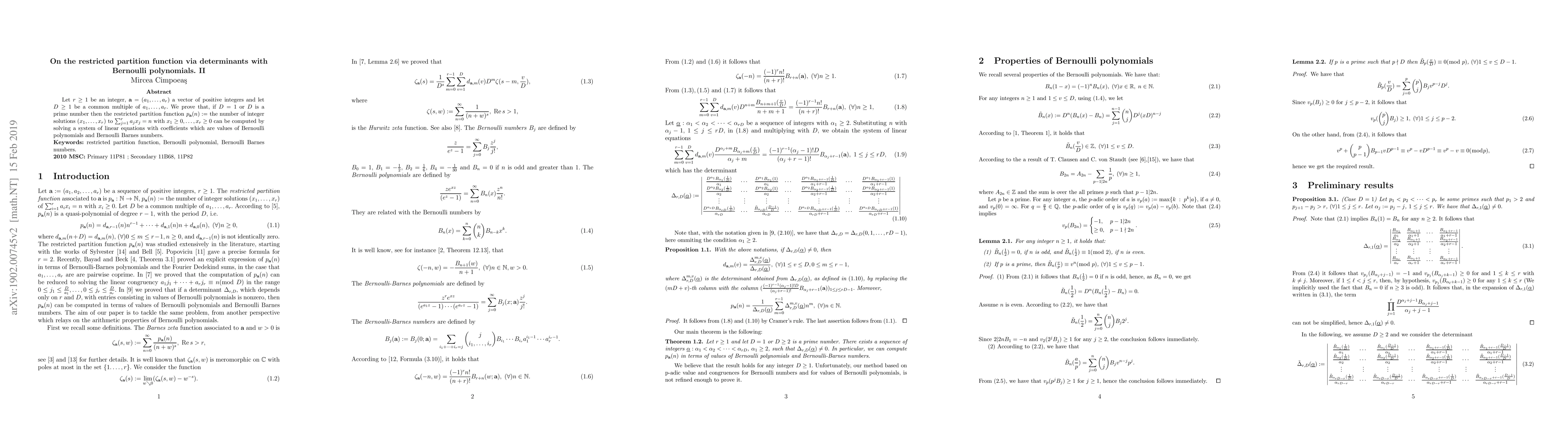 Thumbnail for On the restricted partition function via determinants with Bernoulli
  polynomials. II