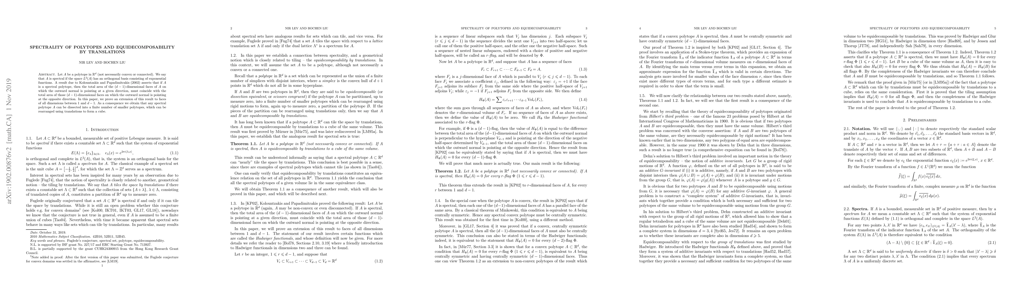Thumbnail for Spectrality of polytopes and equidecomposability by translations